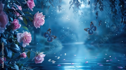 Magical fantasy enchanted fairy tale landscape with forest lake, amazing fairy tale blooming pink rose garden flowers and two butterflies on mysterious blue background and shining moonlight at night   photo