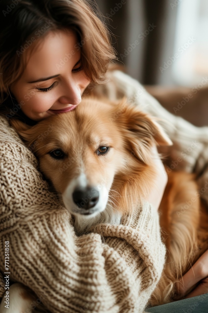 Young woman in a cozy knit sweater snuggling her affectionate golden retriever at home. Young woman in a cozy knit sweater snuggling her affectionate golden retriever at home.