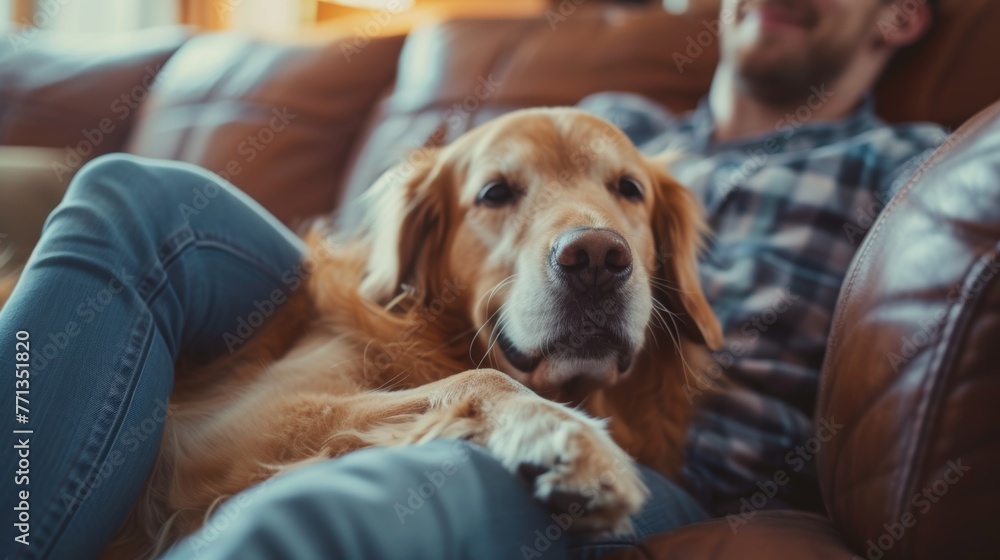 Golden Retriever resting its head on its owner's lap, enjoying a relaxing time on a comfortable couch. Golden Retriever resting its head on its owner's lap, enjoying a relaxing time on a comfortable couch.