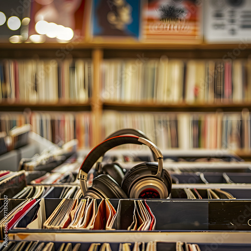 A vintage record store interior with rows of vinyl records, a listening station with headphones, and posters of iconic musicians isolated on white background, space for captions, png
 photo