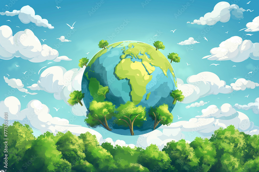 green planet Abstract background with blue sky, clouds and globe. Global environmental protection concept with globe on grass. 3D rendering.