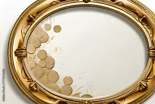 gold frame with coins frame, gold, golden, vintage, antique, old, metal, blank, round, design, border, mirror, circle, oval, decoration, Ai generated 