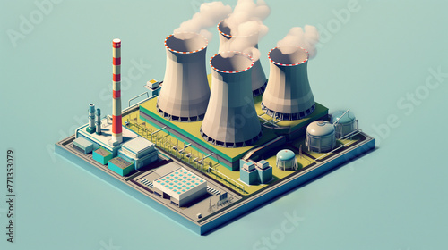 Isometric modern nuclear power plant or infographic element representing low poly nuclear power plant, reactor, thermal coal pollution, and nuclear power plant, vector graphics photo