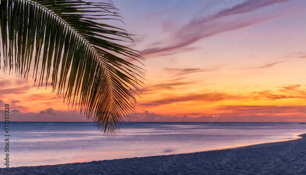 A sunset paints the sky in hues of orange pink over a tranquil beach with a palm tree swaying gently.