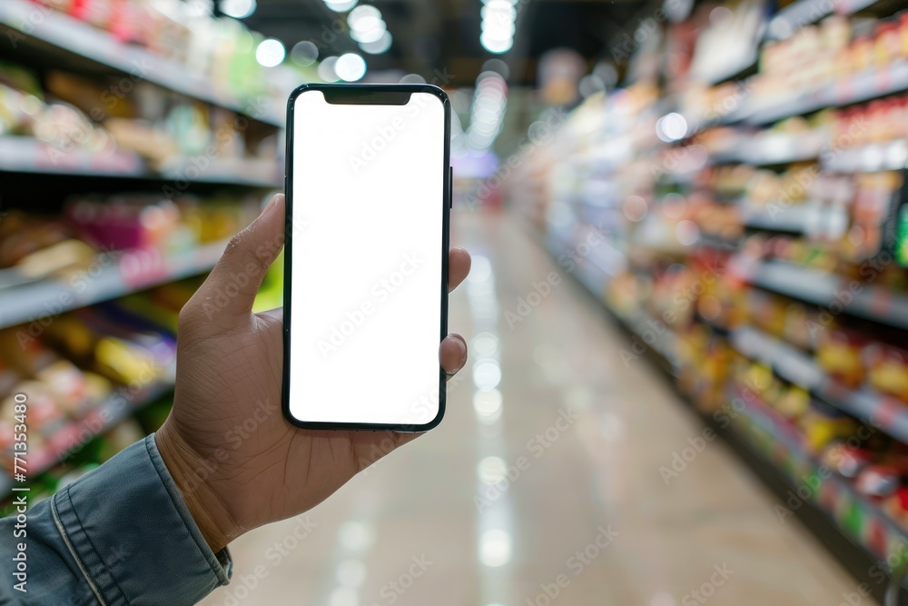 A hand holding a smartphone with a white mockup screen in a grocery store A hand holding a smartphone with a white mockup screen in a grocery store
