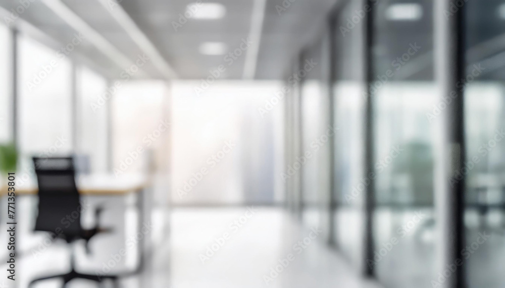 Blurred white background of a modern empty office interior with panoramic windows and glass partitions, panoramic banner