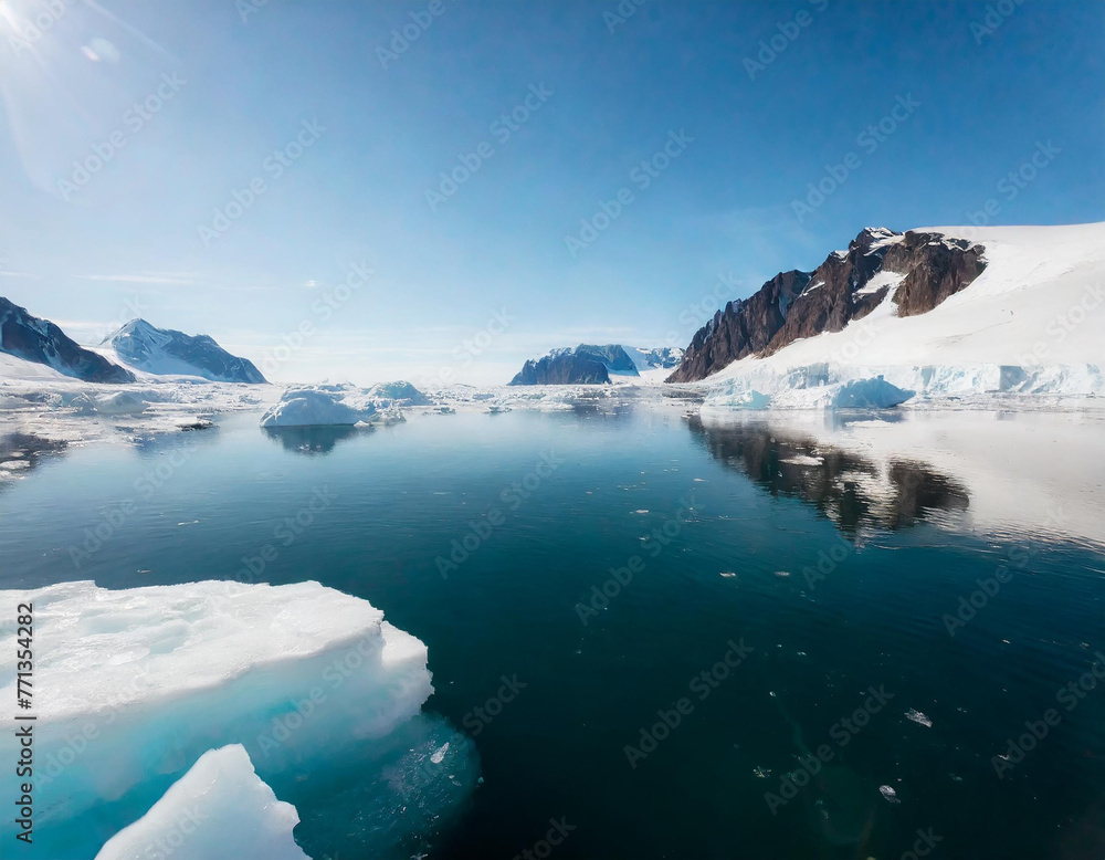 Melting of ice floes and icebergs in the waters of the Northern Arctic. Climate crisis, disaster concept. glaciers melted by global warming