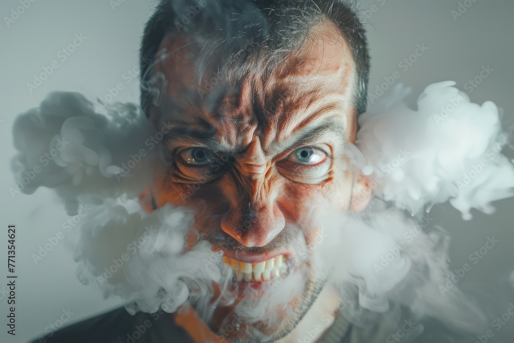 A very Angry man with red face and steam jets emerging from his ears Isolated on solid white background - obrazy, fototapety, plakaty 