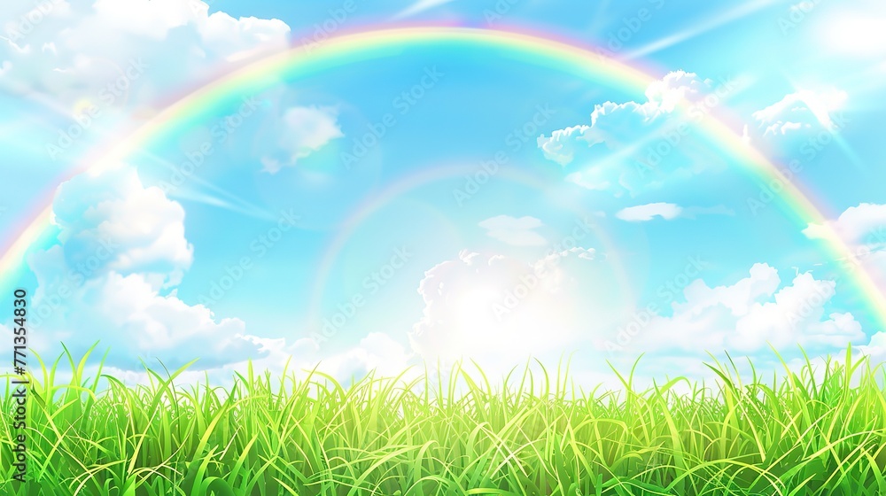 Realistic sky clouds, grass garden. Spring green lawn, blue air with clouds and rainbow, bright sun, outdoor environment, rural park or field. Meadow landscape. illustration background 