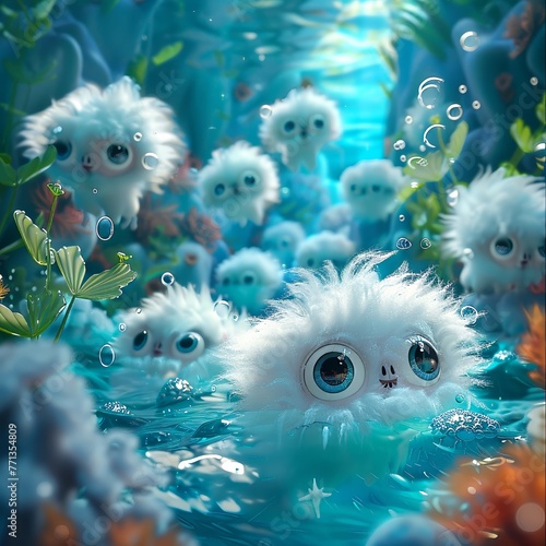 Utilize the spacious banner ad copy area to showcase a delightful underwater world featuring fluffy creatures with oversized eyes , , no contrast, clean sharp focus