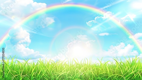 Realistic sky clouds  grass garden. Spring green lawn  blue air with clouds and rainbow  bright sun  outdoor environment  rural park or field. Meadow landscape. illustration background 