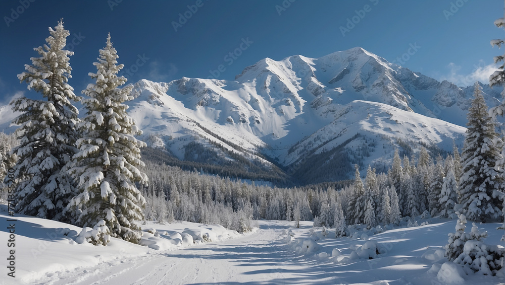 A snow-covered mountain landscape with trees in the foreground.

