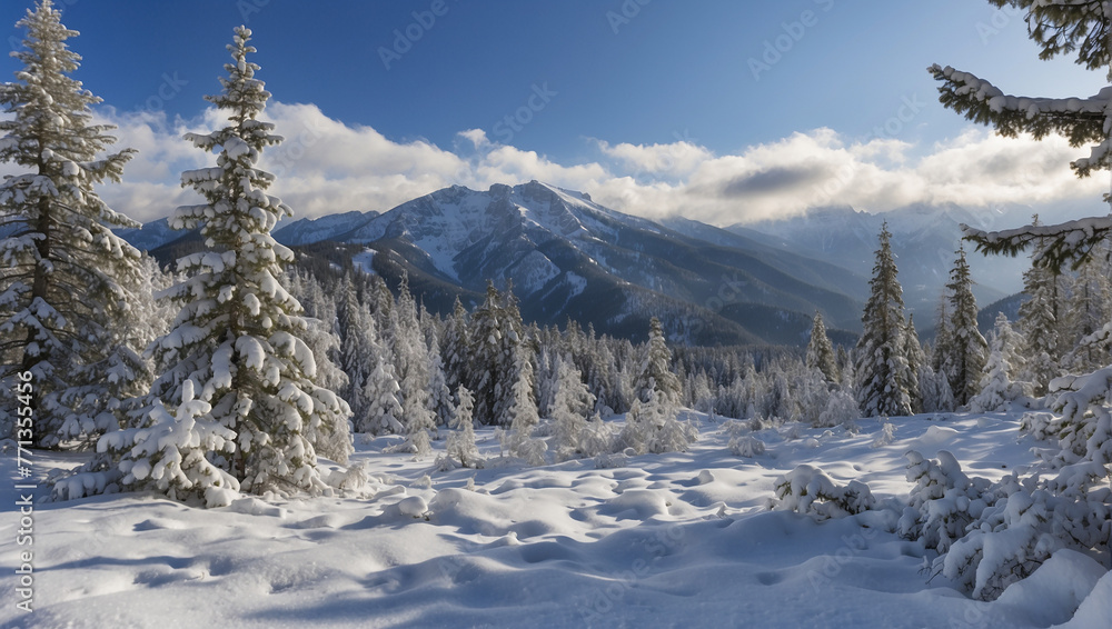 A snow-covered forest with mountains in the distance.

