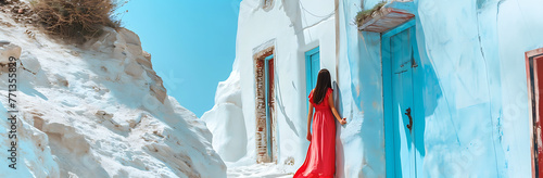 woman in red standing in front of a small Greek villa f25f19c5-59a9-4174-8527-85eb9f4f61a8 1 photo