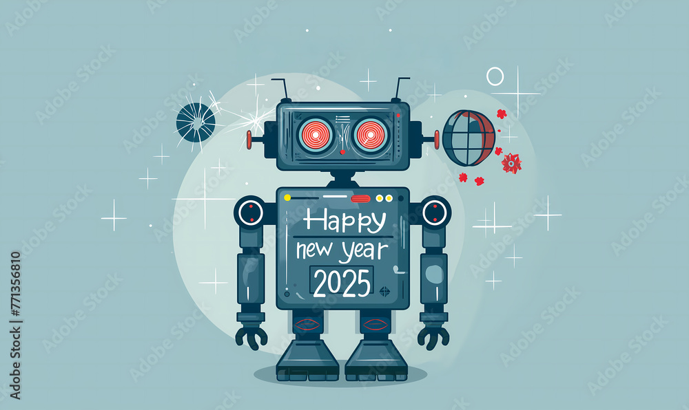 Fototapeta premium The robot congratulates humanity on the coming year 2025.