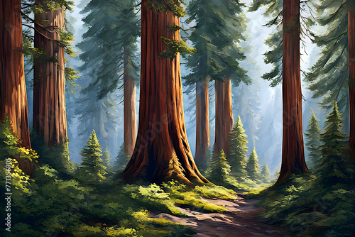 beautiful landscape painting of a forest of pine trees and sequoia redwoods