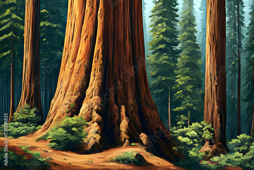 beautiful landscape painting of massive towering sequoia trees in a redwood forest