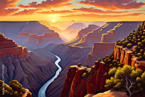 beautiful dramatic landscape painting - Grand Canyon National Park - America's natural beauty - sunset illuminates the Colorado River, casting shadows over desert mountains and craggy cliffs