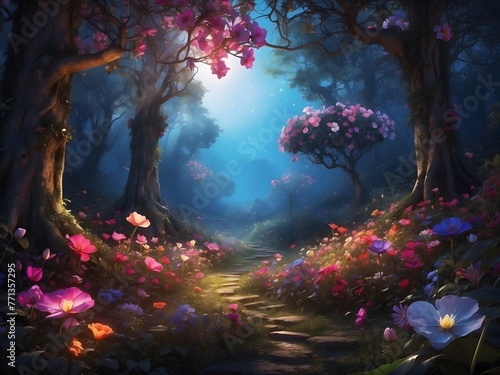 An enchanted forest clearing filled with exotic  luminous flowers that glow under the light of a full moon  casting magical shadows  generative AI