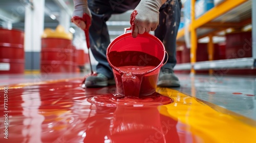 Worker applying red epoxy resin bucket on floor. marking the floor of an underground parking