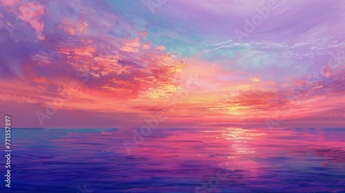 A stunning sunset painting the sky in shades of pink, purple, and orange over a tranquil ocean horizon. © Balqees