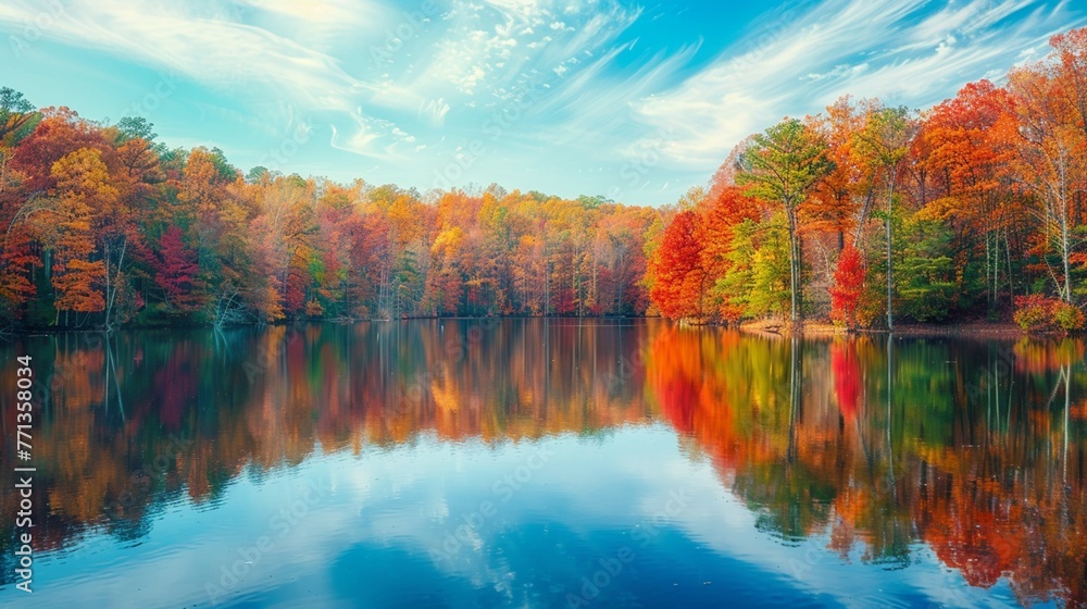 A tranquil lake reflecting the vibrant colors of autumn foliage surrounding its peaceful shores.