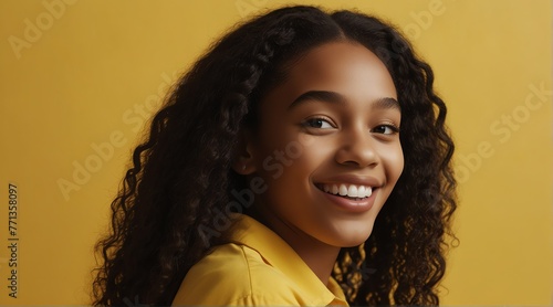 young jamaican teenage girl on plain bright yellow background laughing hysterically looking at camera background banner template ad marketing concept from Generative AI