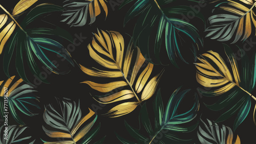 Exquisite Vector Design: Golden and Black Tropical Leaves with Dark Monstera, Palm Graphic, Creative Nature Backdrop, Minimalistic Summer Abstract Jungle Pattern, Luxurious Exotic Botanical Cosmetics  photo