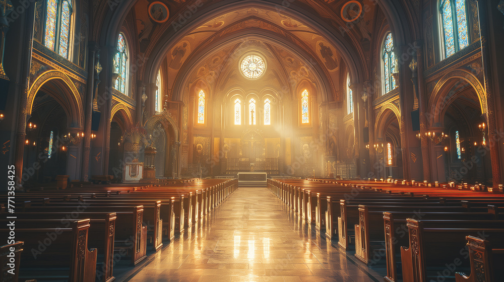The serene beauty of Christian church architecture and interiors, with an emphasis on the dramatic play of light and shadow, in a portrait photography style.