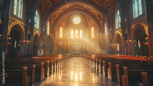 The serene beauty of Christian church architecture and interiors, with an emphasis on the dramatic play of light and shadow, in a portrait photography style.
