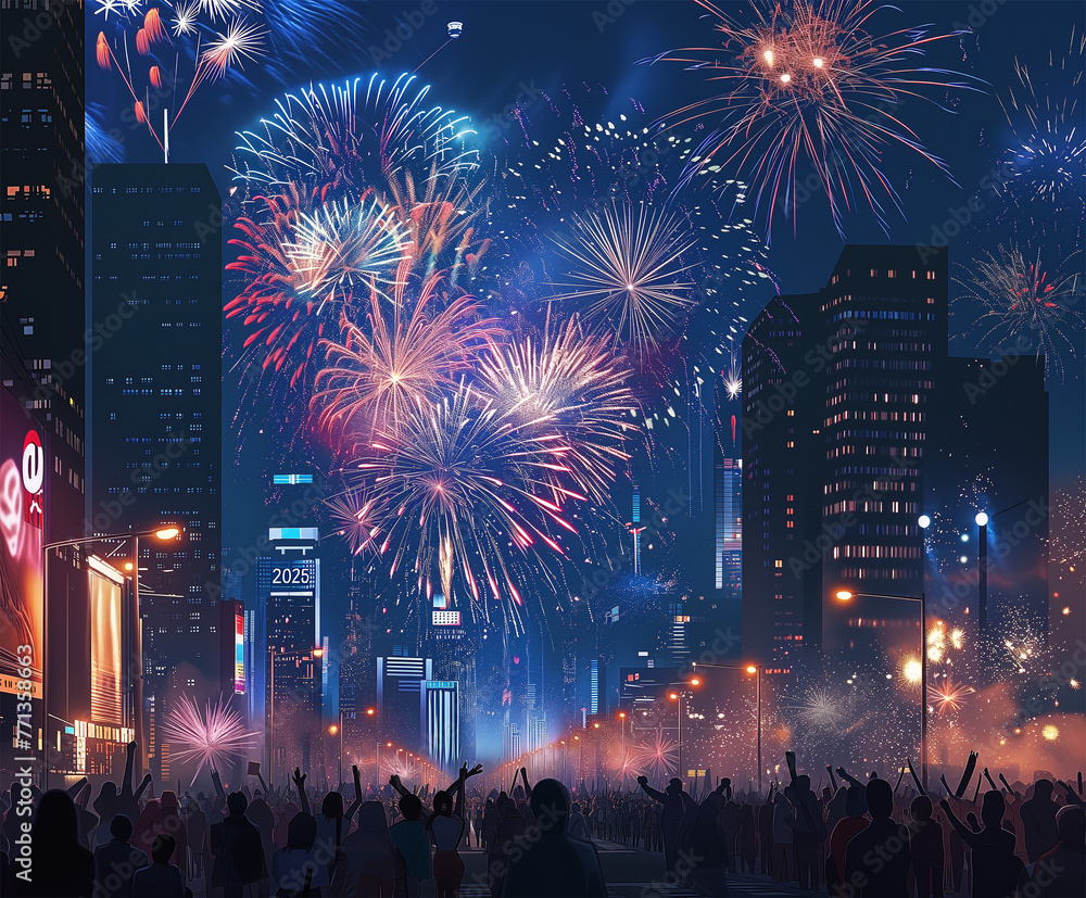 Obraz premium Illustration depicts people gathering together under the open sky to celebrate the New Year 2025.