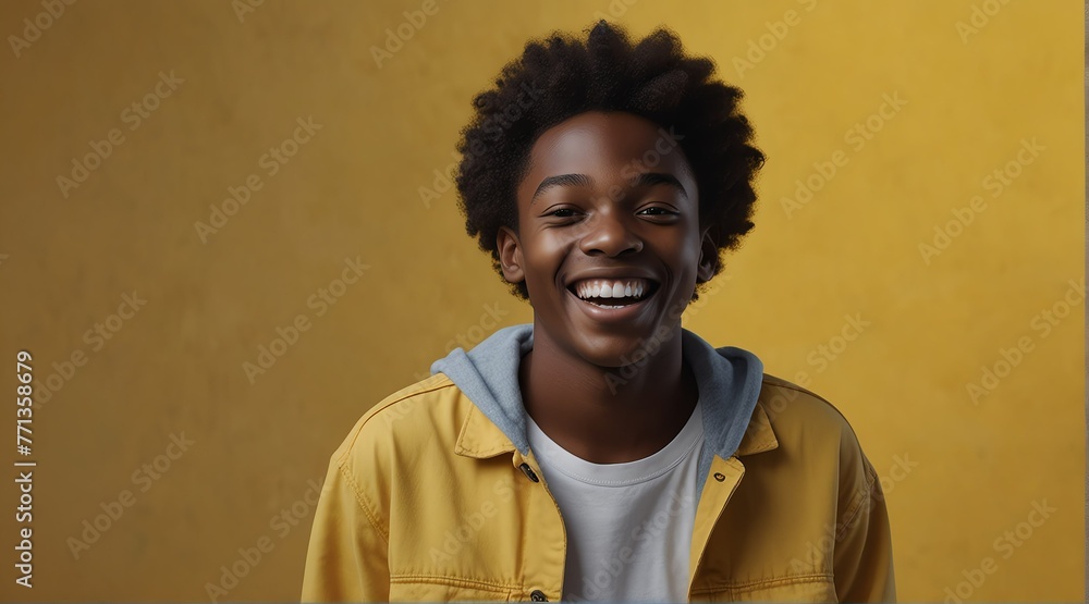 young black african teenage boy on plain bright yellow background ...