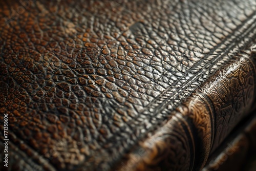 : The textured surface of a vintage, leather-bound book