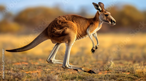 Leap of Freedom: Australian Kangaroo Caught Mid-Jump Against The Backdrop of The Rustic Outback