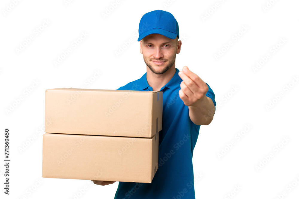 Delivery caucasian man over isolated background making money gesture Delivery caucasian man over isolated background making money gesture