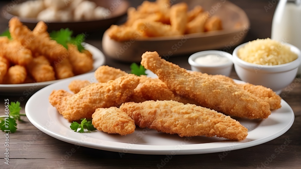 chicken nuggets with fries Chicken strips with breading. Finger hens. chicken nuggets with fries Chicken strips with breading. Finger hens.