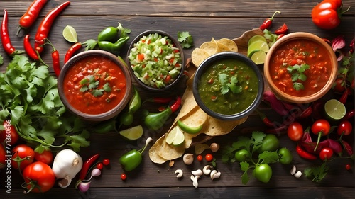 Mexican red and green sauces are created in Mexico City with tomatoes, garlic, and very hot chili peppers. artistic banner. Image copyspace photo