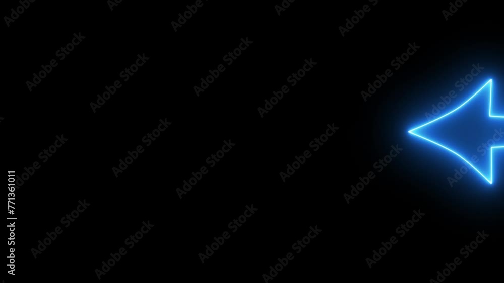 Arrow to the left neon icon. Neon cyan color arrow on black background runs from right to left. Flashing neon icon on left bank. Arrow to the left neon icon. Neon cyan color arrow on black background runs from right to left. Flashing neon icon on left bank.