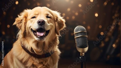 A golden retriever belting out a song into a mic
