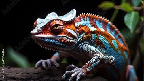 A vibrant chameleon rests against a dark background.