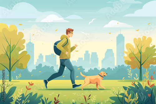 Man at the park, running with the dog. Conceptual representation of an active outdoor hobby. Flat-style illustration of spring.
