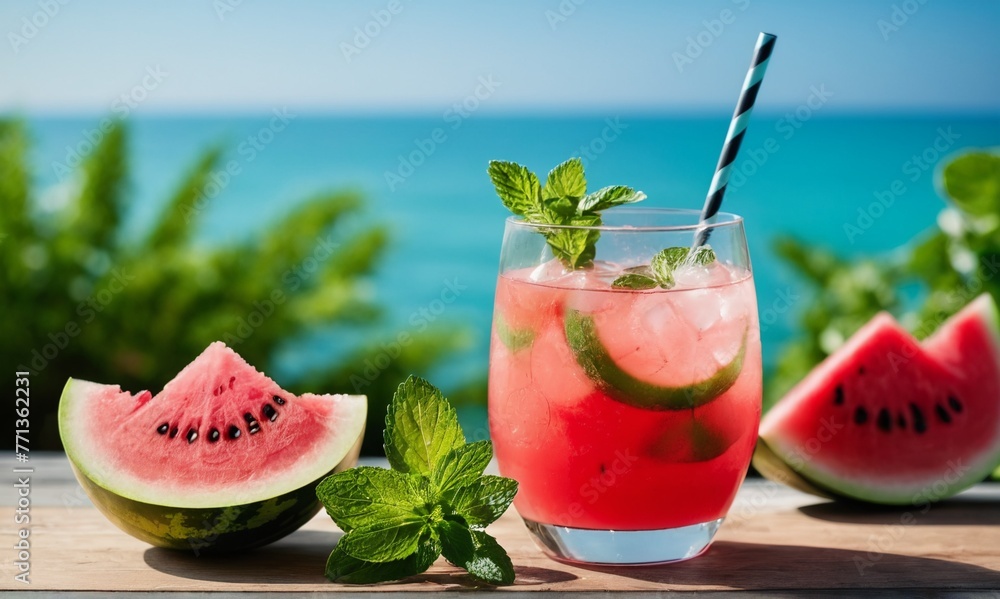 Watermelon cocktail with ice and mint on the background of the ocean Watermelon cocktail with ice and mint on the background of the ocean