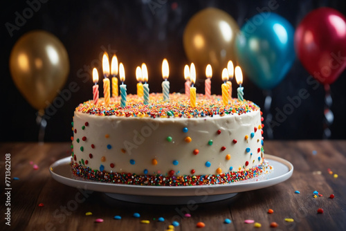 Birthday cake decorated with colorful sprinkles and candles