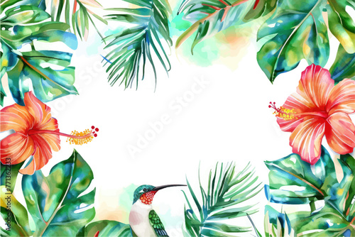 Tropical watercolor plants and flowers, summer holiday banner
