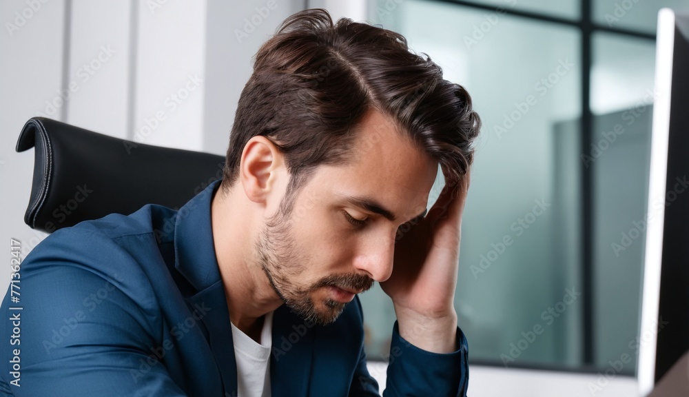 Office employee man holding his head, tired of work Office employee man holding his head, tired of work