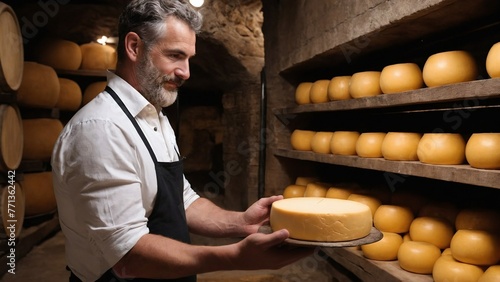 Cheese making. Man holding a briquette of cheese in his hands, cheese maker