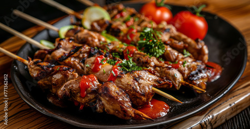 A plate of pulled chicken skewers on a wooden surface with vegetables, tomato sauce, and ketchup, with a black background and a striped theme.