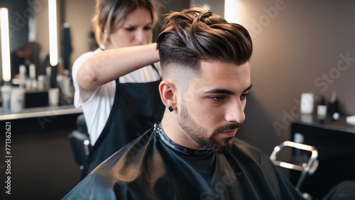 Girl stylist barber cutting a man's hair model fashion