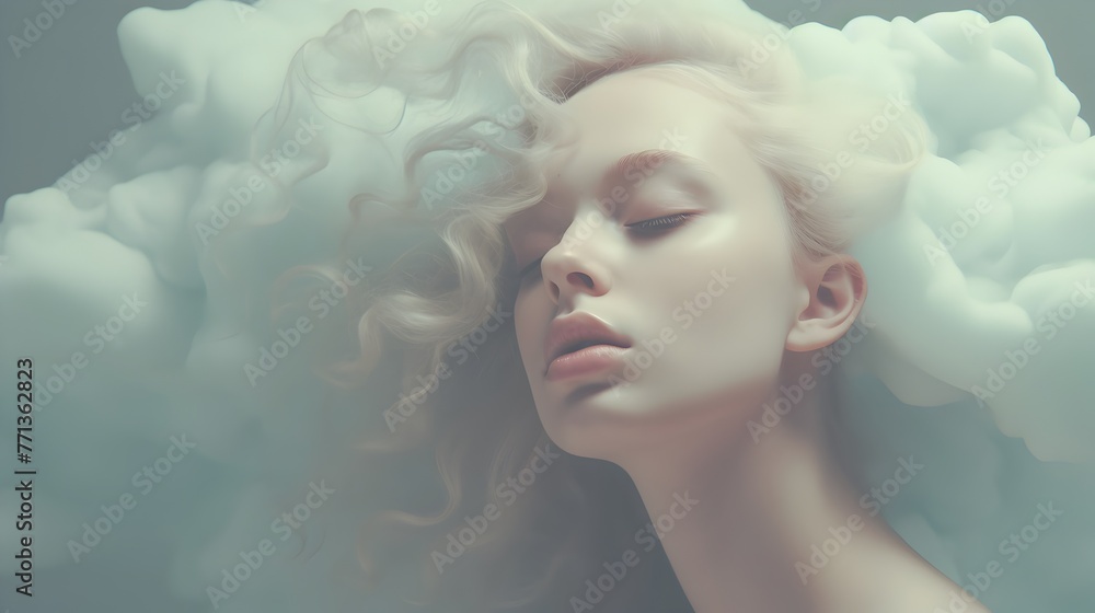 Ethereal Reverie - Dreaming Girl's Surreal Portrait Amidst Floating Clouds Ethereal Reverie - Dreaming Girl's Surreal Portrait Amidst Floating Clouds