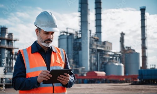Oil plant engineer in helmet and orange vest with tablet in hands
